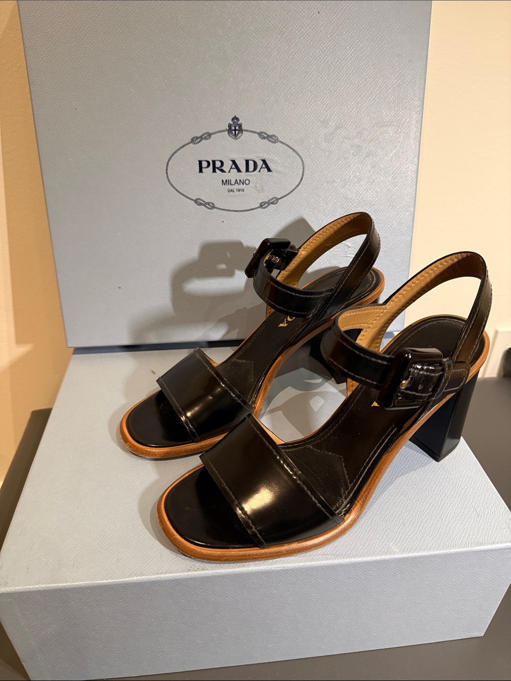 Prada Black Patent Leather Chunky Heel Sandals